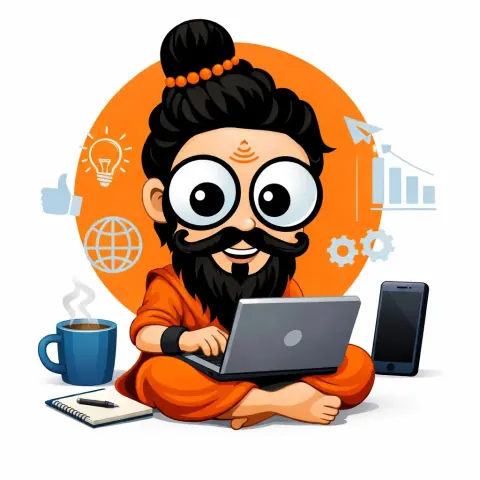 Digital Aacharya mascot learning digital marketing on a laptop